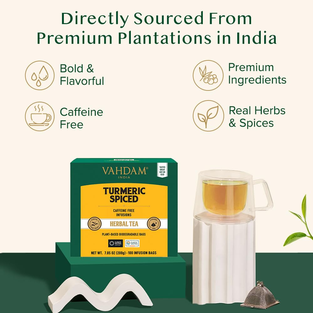 VAHDAM turmeric tea with lemongrass and black pepper delivers bright aroma.