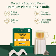 VAHDAM turmeric tea with lemongrass and black pepper delivers bright aroma.