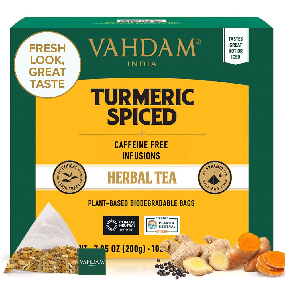 VAHDAM turmeric spice tea bags packaging shows premium, eco-friendly design.