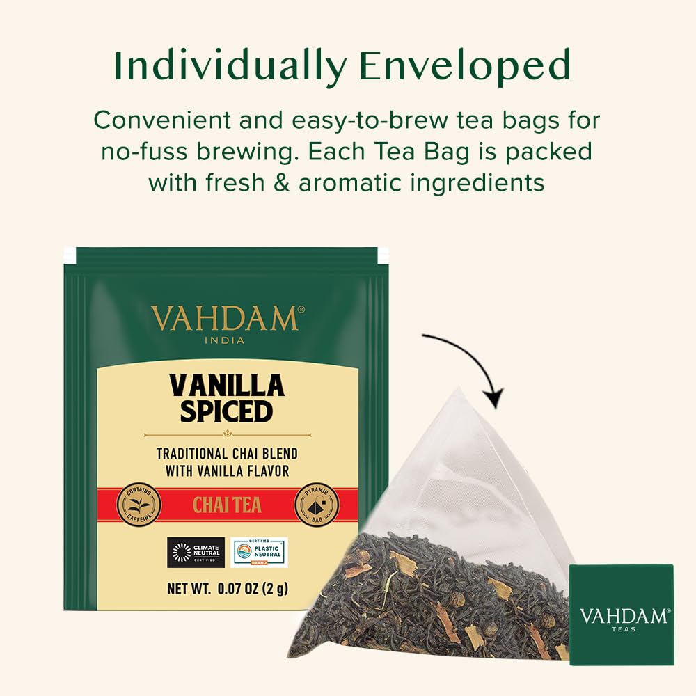 VAHDAM Vanilla Chai with Indian spices offers an authentic morning aroma.