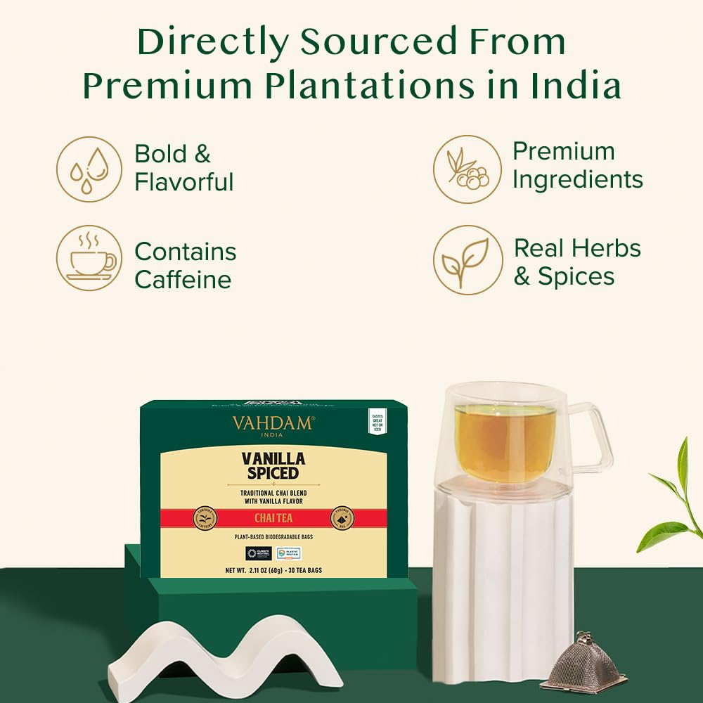 VAHDAM Vanilla Chai cup after steeping delivers full-bodied aroma and bold caffeine.