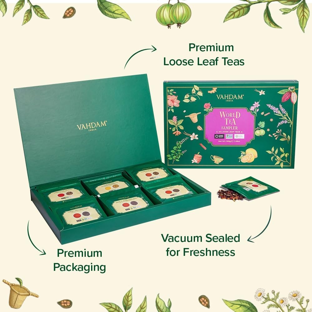VAHDAM World Top 20 Favourites Herbal Tea sampler for caffeine-free calm