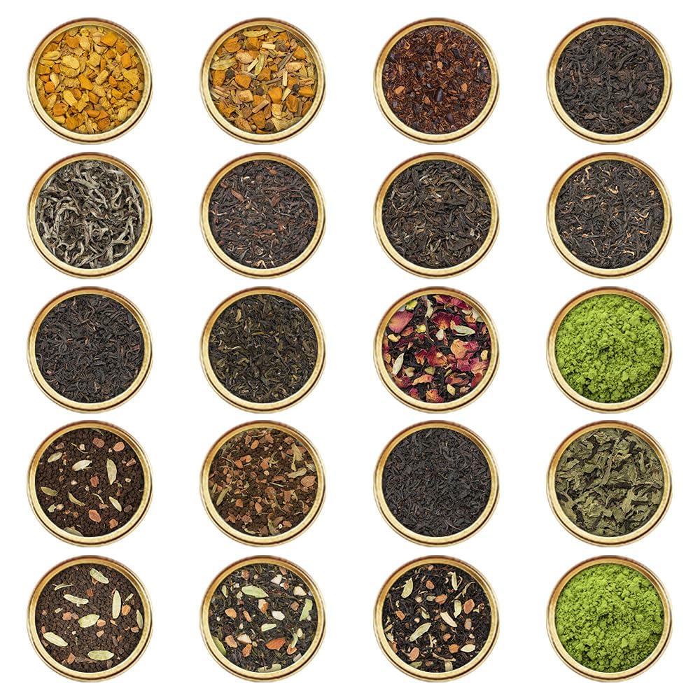 VAHDAM World Top 20 Favourites Tea Sampler packaging showing diverse teas for variety