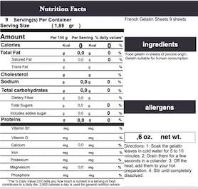 Vahine gelatin sheets image, ready-to-use nine-sheet pack from France, for dessert prep.