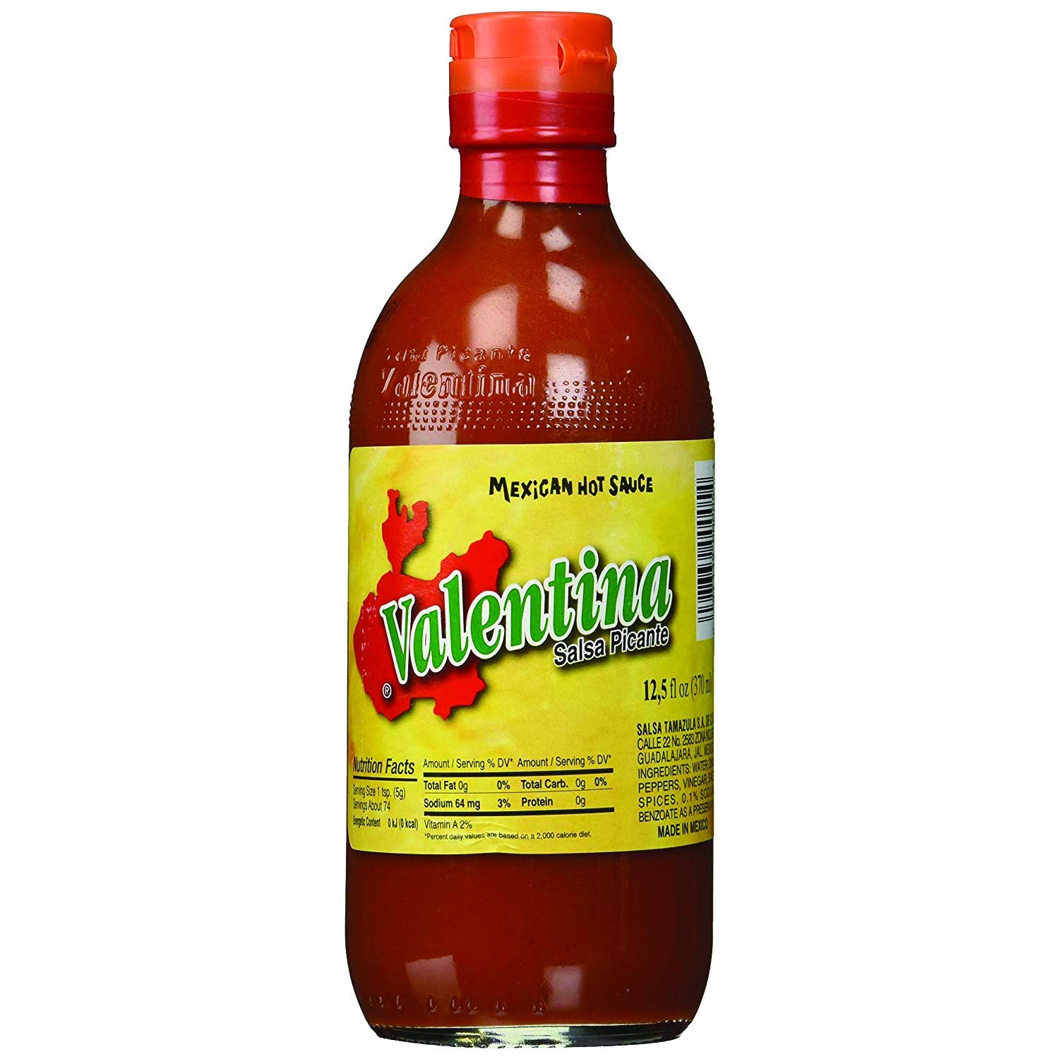 Valentina Salsa Picante bottle on table, perfect for boosting tacos