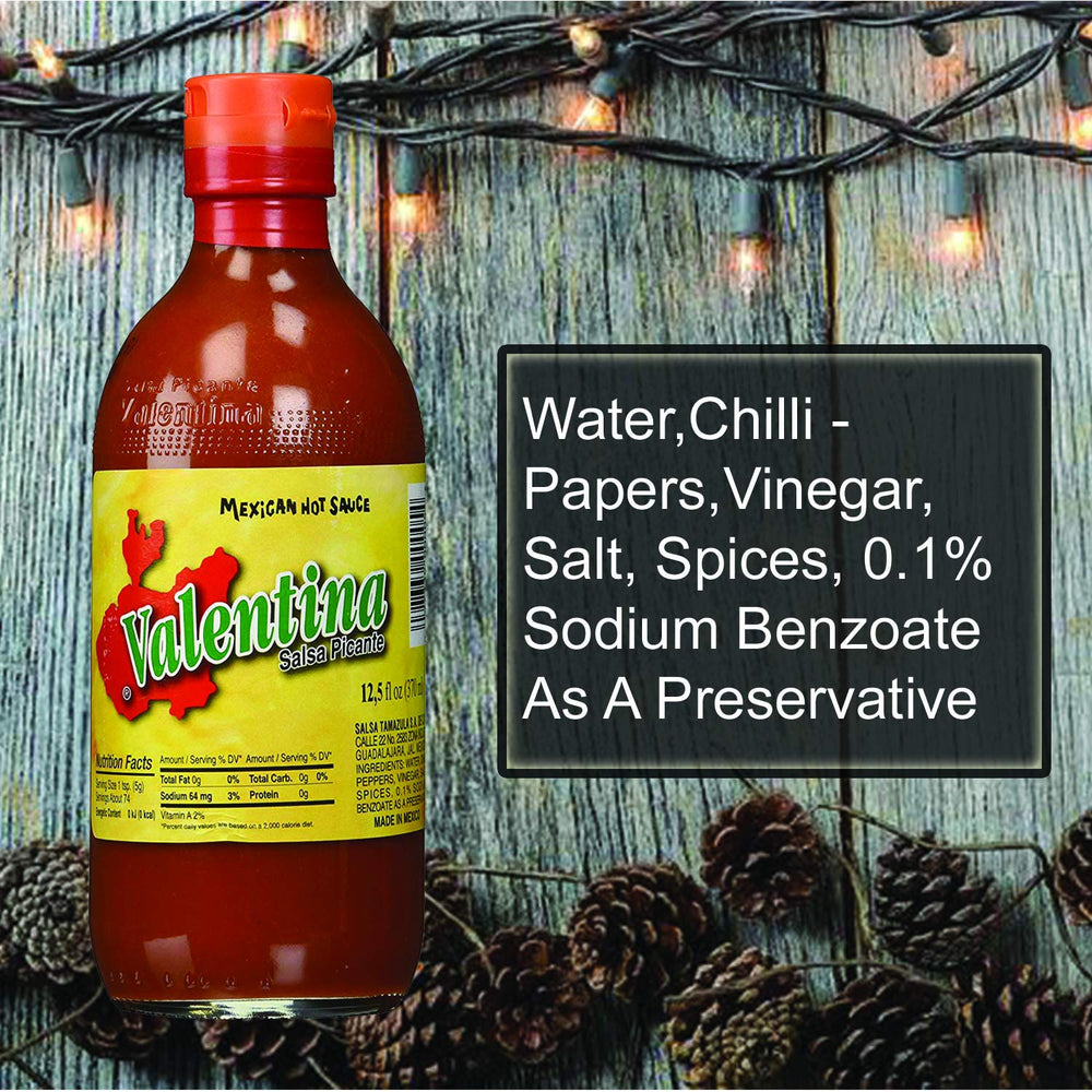 Valentina Salsa Picante label close-up highlights authentic peppers