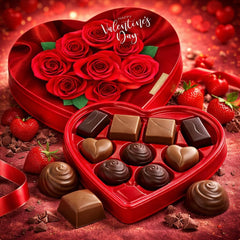 Valentine Day Chocolate Heart Gift Box includes orange creme and strawberry centers.