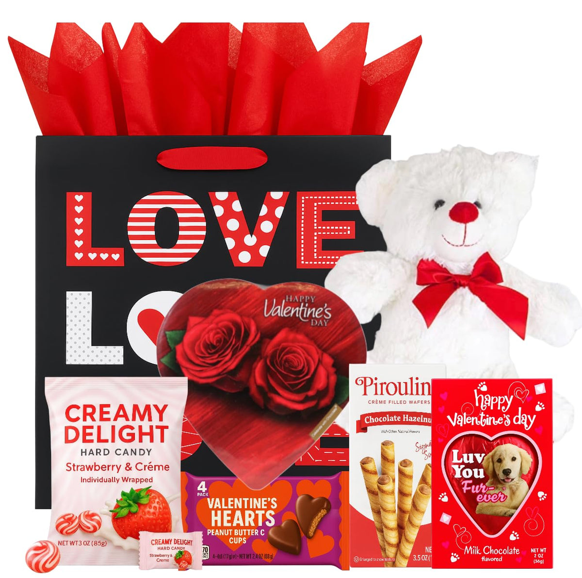 Valentine's gift basket teddy red: cuddly keepsake next to heart-shaped chocolates for romance.