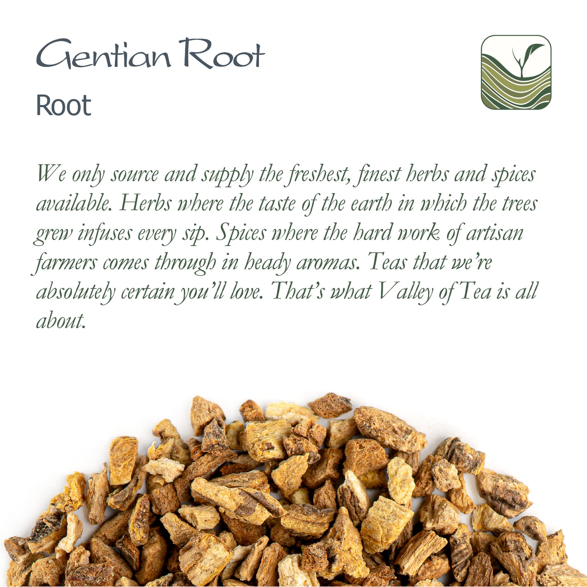 Valley of Tea Dried Gentian root packaging highlights organic quality.