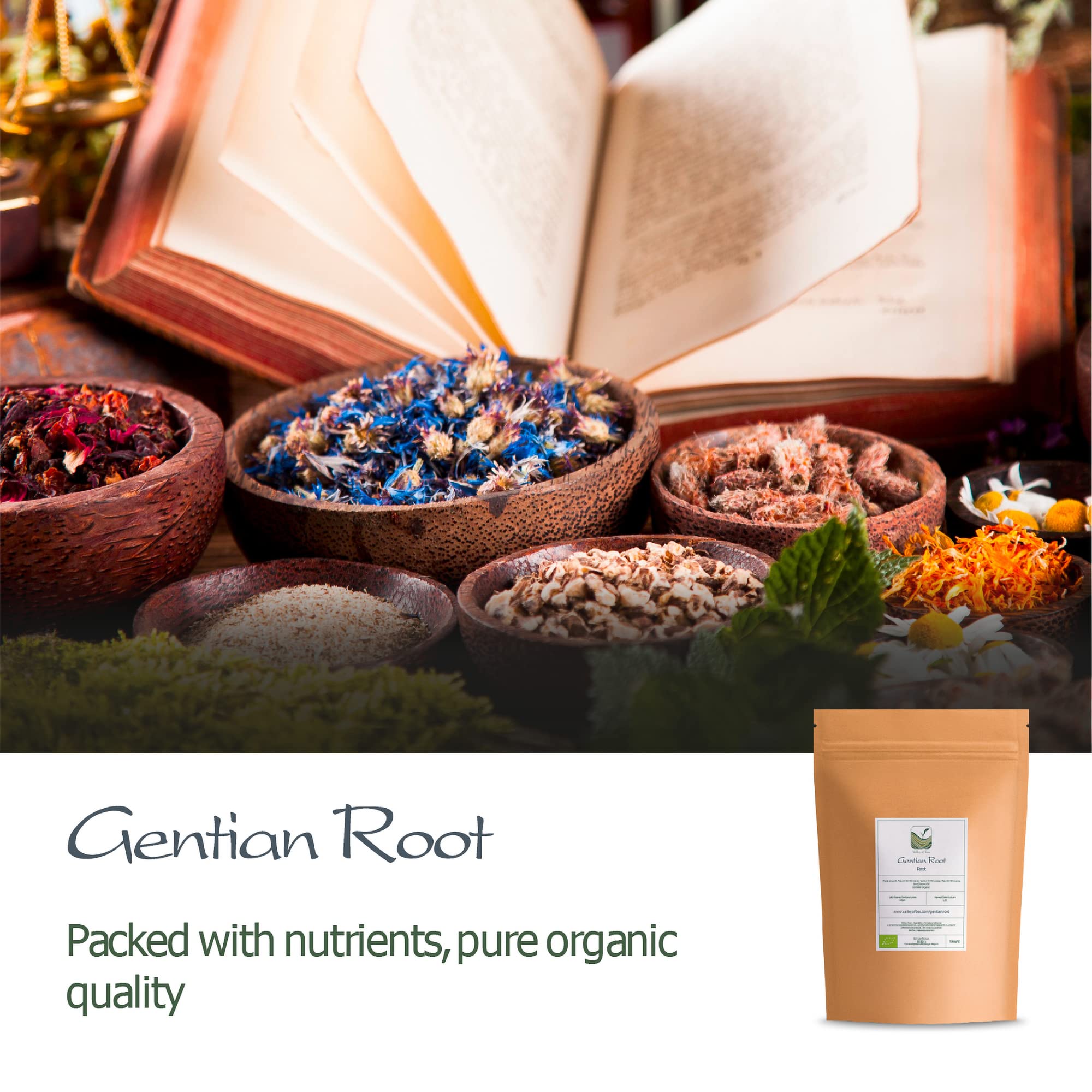 Valley of Tea Gentian root slices arranged for culinary use.