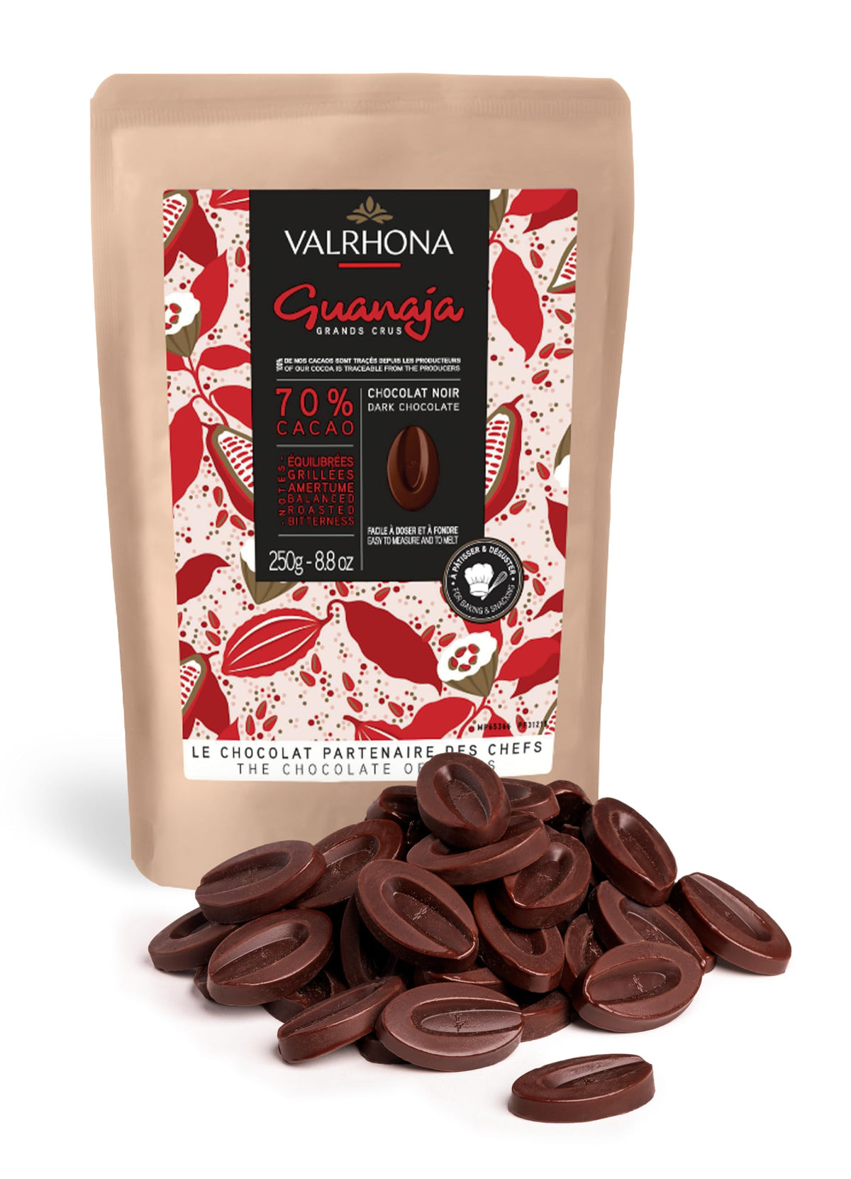 Valrhona Guanaja 70% discs melt precisely for sauces and pastries.