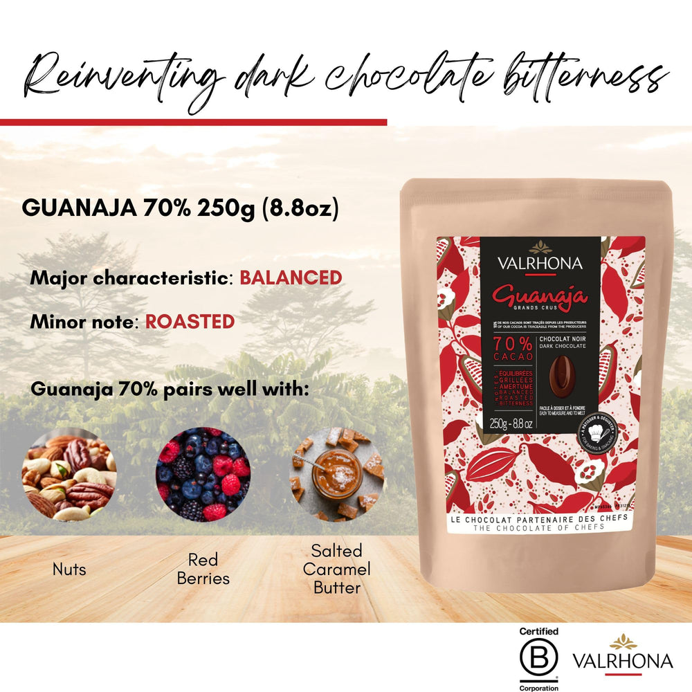 Valrhona Guanaja easy-melt discs speed tempering for silky ganache.