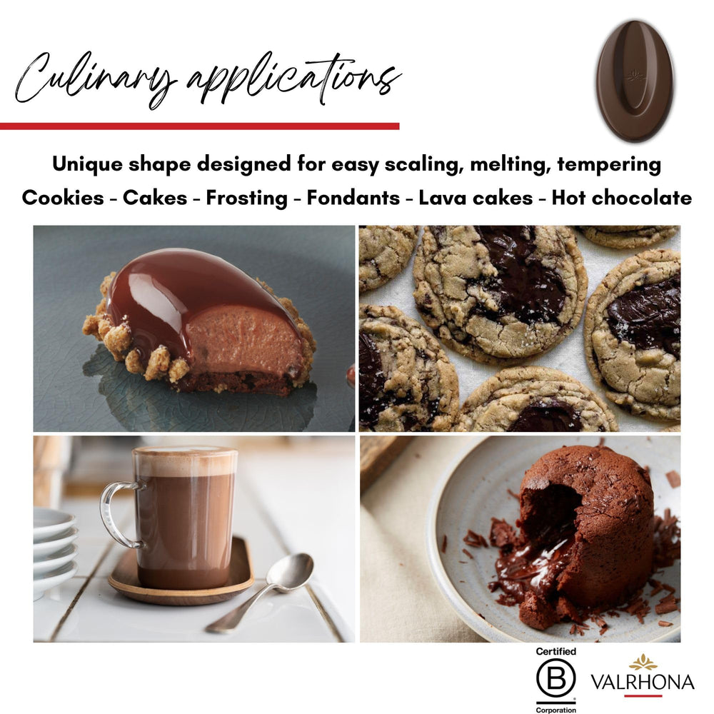 Valrhona Guanaja dark discs deliver rich cakes and mousses.