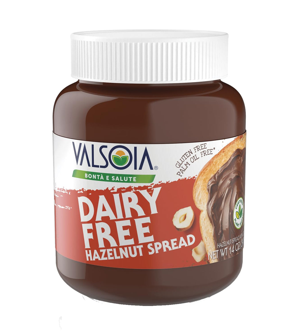 Valsoia Hazelnut Cream jar showcases rich, dairy-free spread for breakfasts.