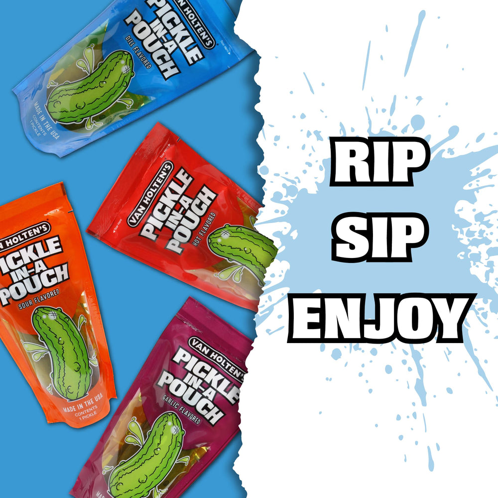 Van Holten's Pickles on-the-go pouch in use for a portable snack