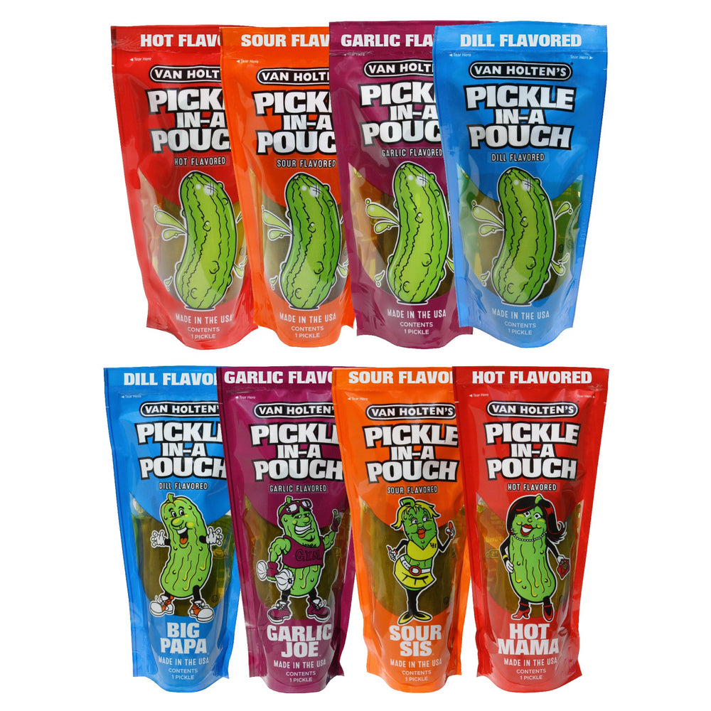 Van Holten's Pickles Variety Pouch Sampler showing 8-pack packaging for grab-and-go snacking