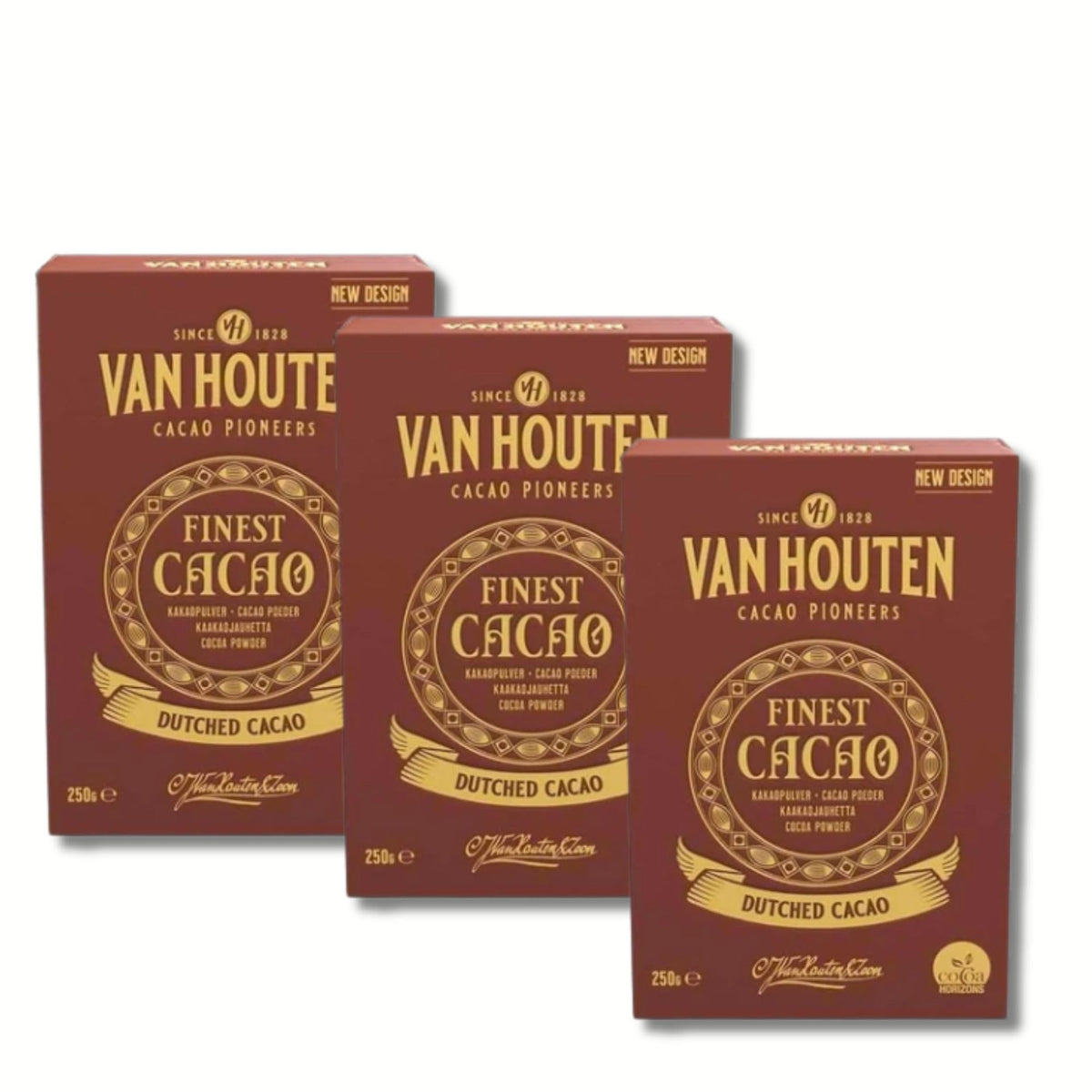 Van Houten Dutched Cocoa box shows deep color for rich brownies and desserts.
