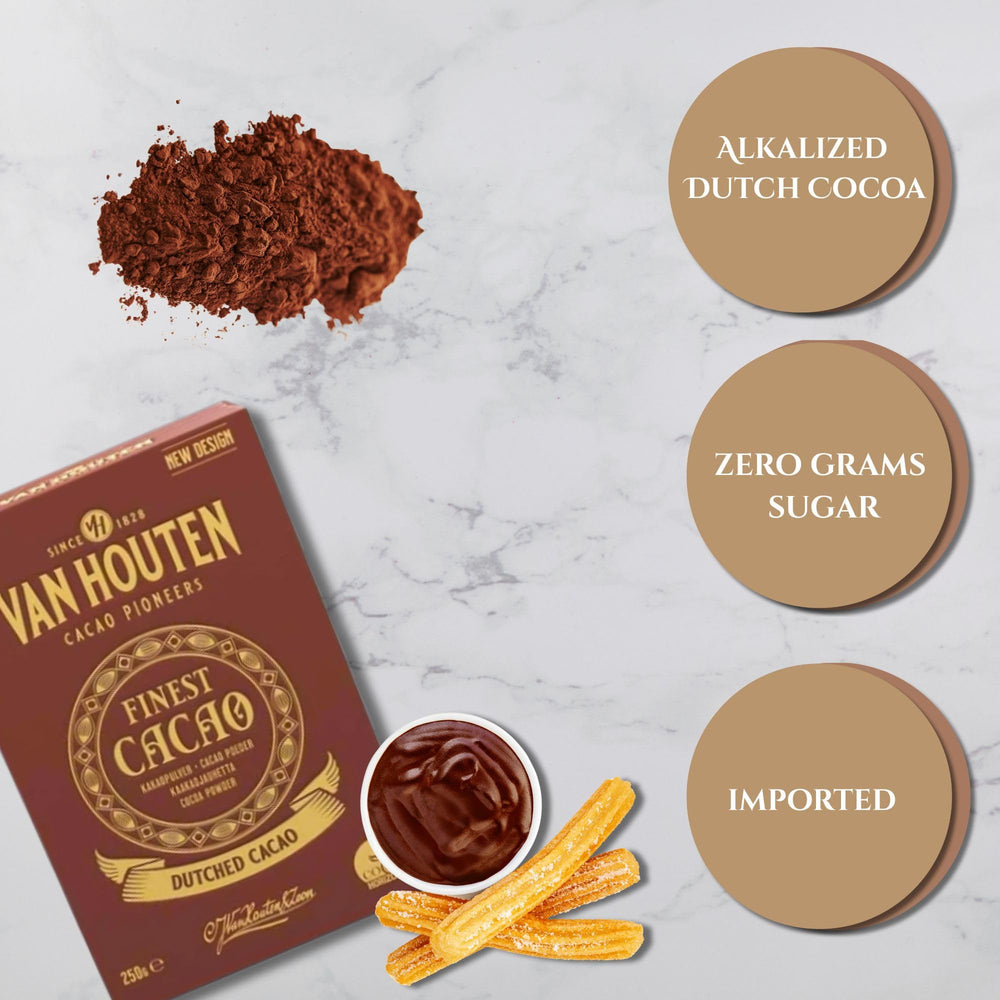 Van Houten Dutched Cocoa powder being sifted over cookies for depth and aroma.