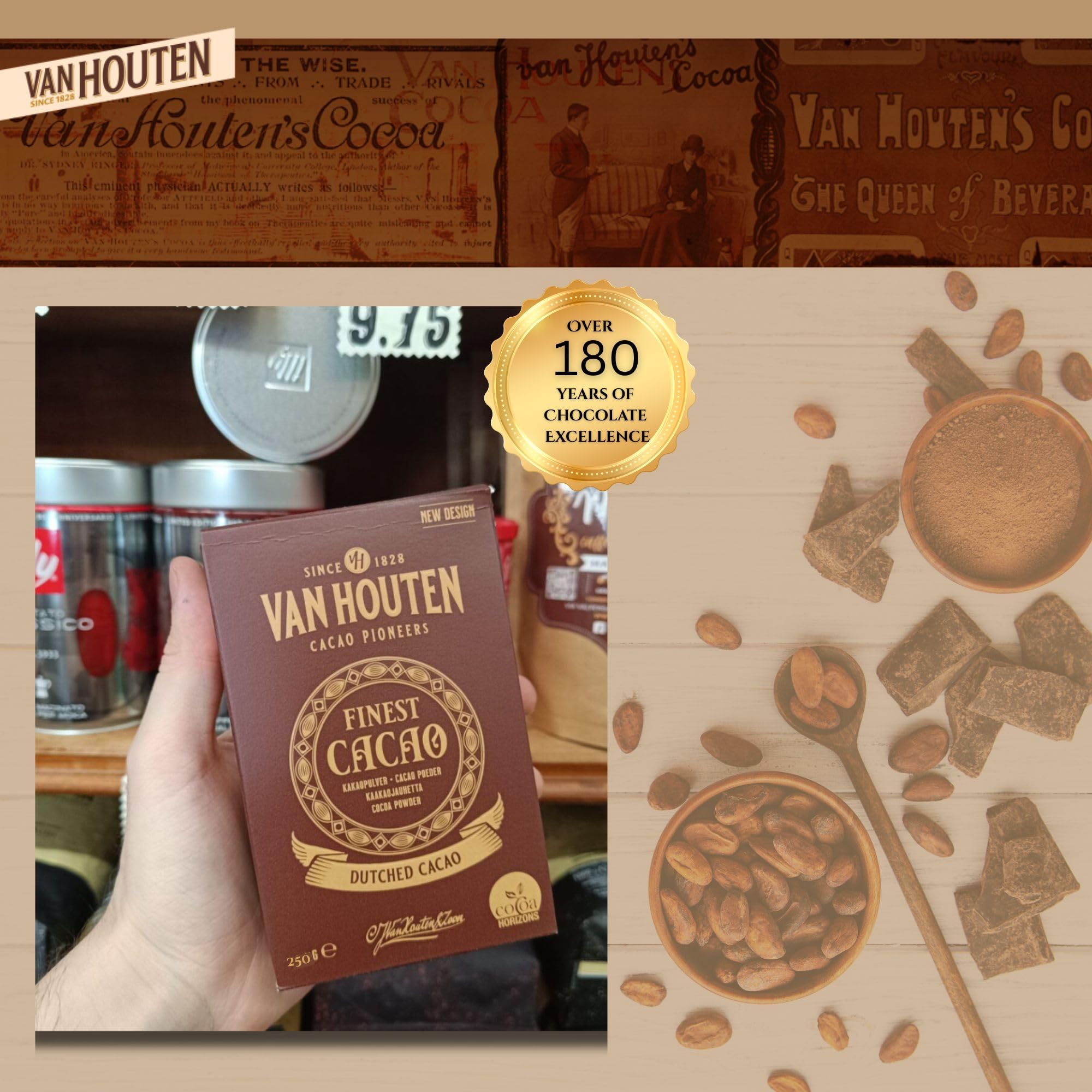 Van Houten Dutched Cocoa tray with truffles highlights dessert versatility.