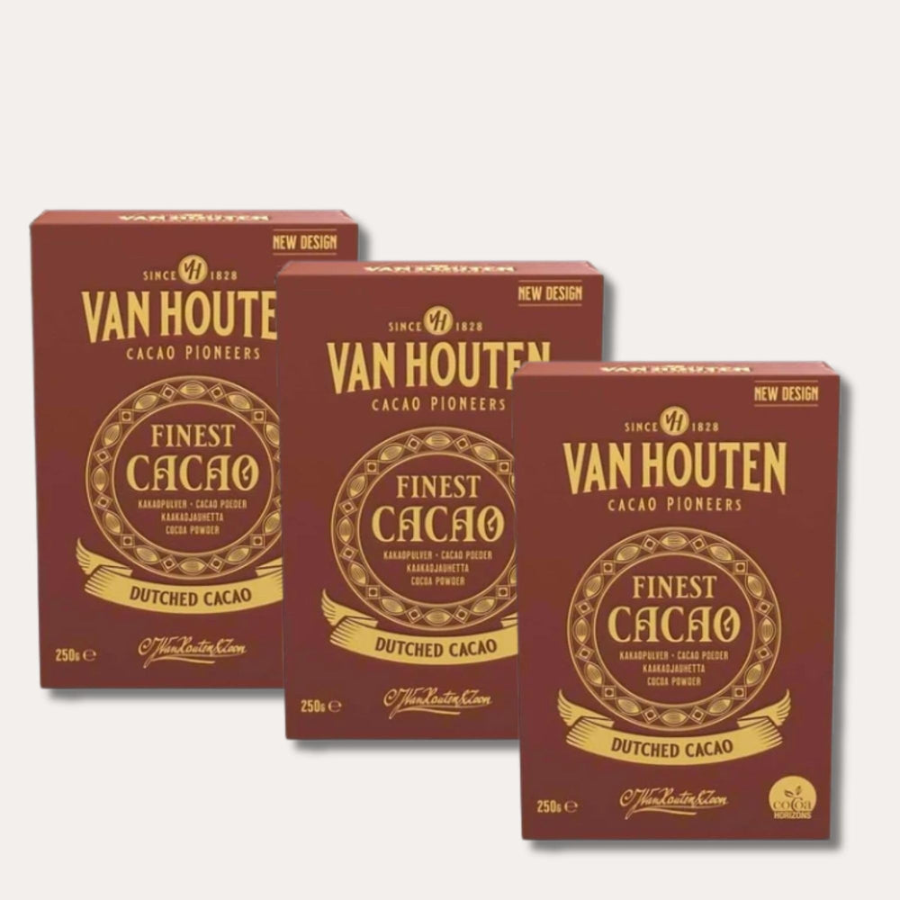 Van Houten Dutched Cocoa box on kitchen counter emphasizes sustainability.