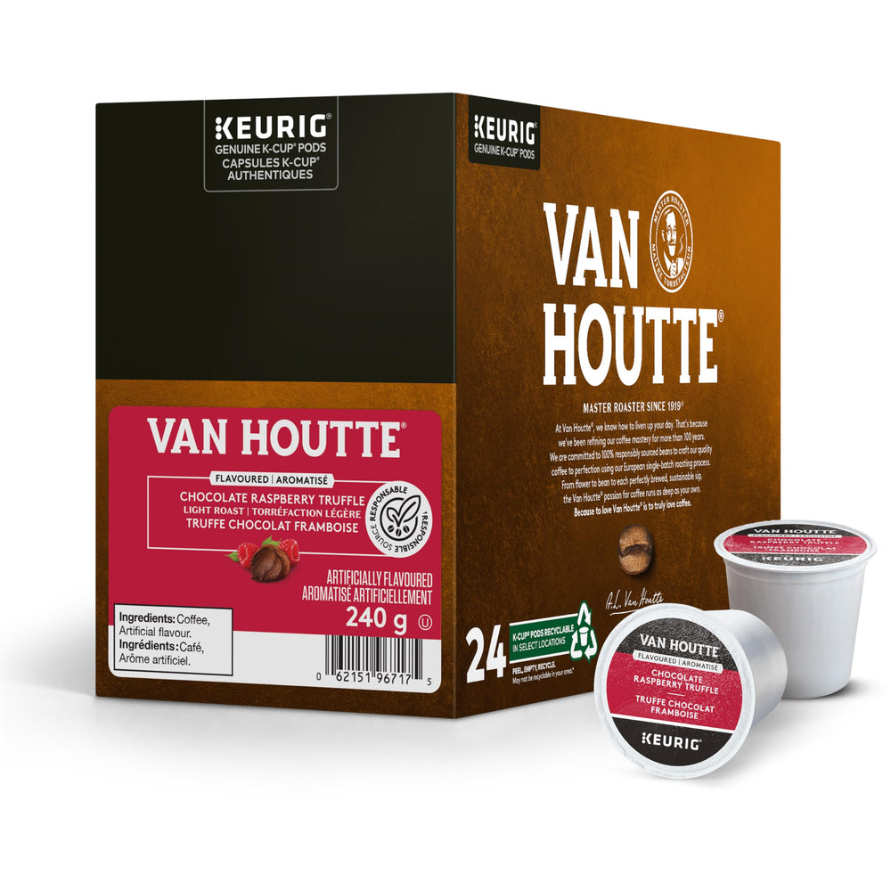 Steaming cup of Van Houtte Raspberry Chocolate Truffle with inviting aroma.