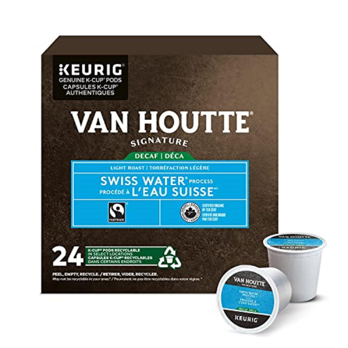 Van Houtte Swiss Water Decaf K-Cups packaging ready for quick mornings.