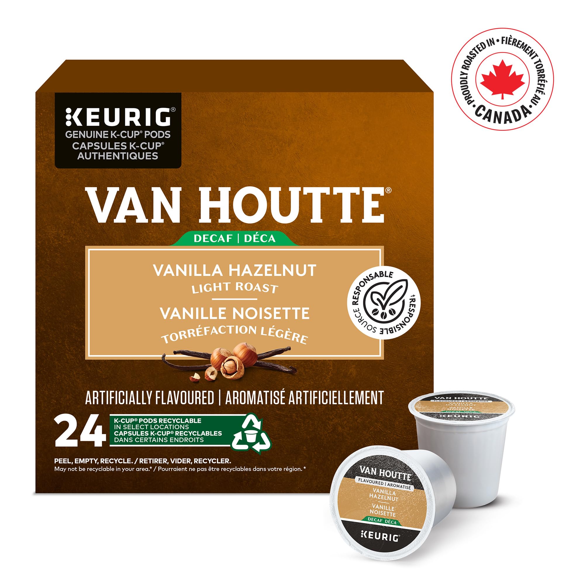 Close-up of Van Houtte label on K-Cups, emphasizing rich aroma.