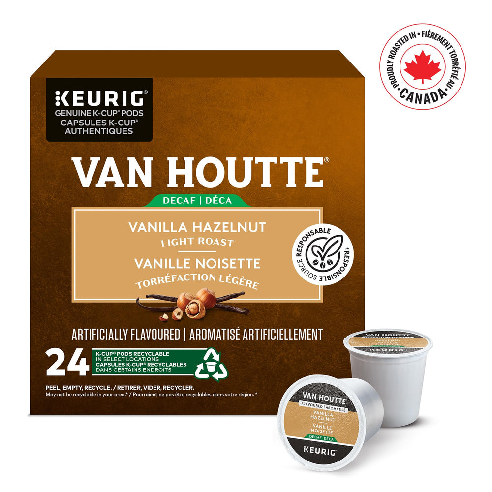 Close-up of Van Houtte label on K-Cups, emphasizing rich aroma.