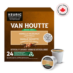 Close-up of Van Houtte label on K-Cups, emphasizing rich aroma.