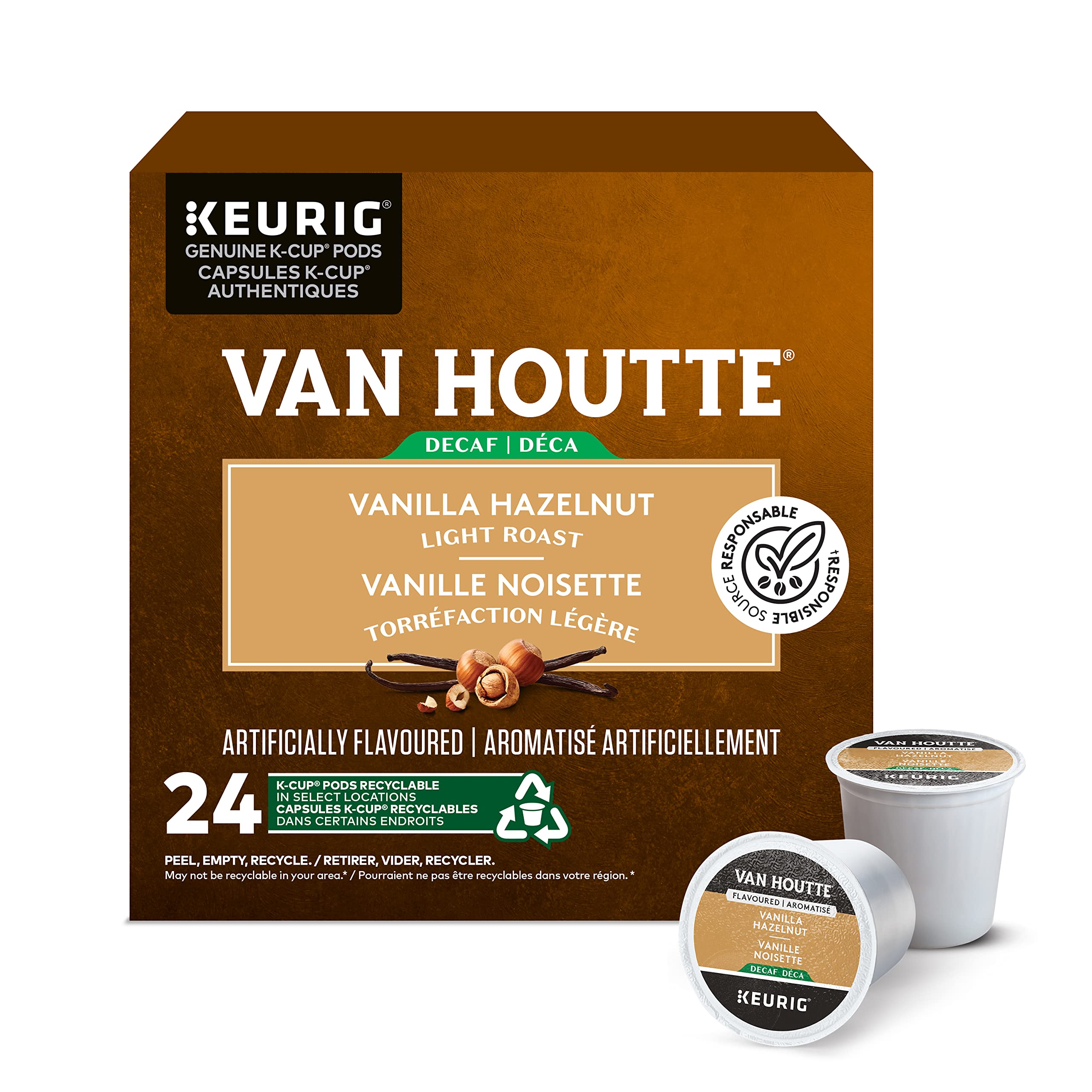 Van Houtte Vanilla Hazelnut Decaf K-Cups packaging on display, convenient decaf option.