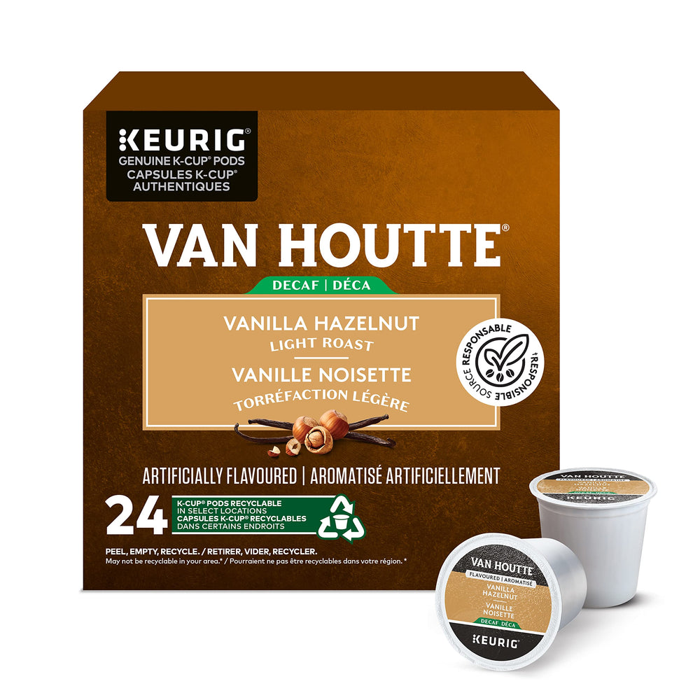 Van Houtte Vanilla Hazelnut Decaf K-Cups packaging on display, convenient decaf option.