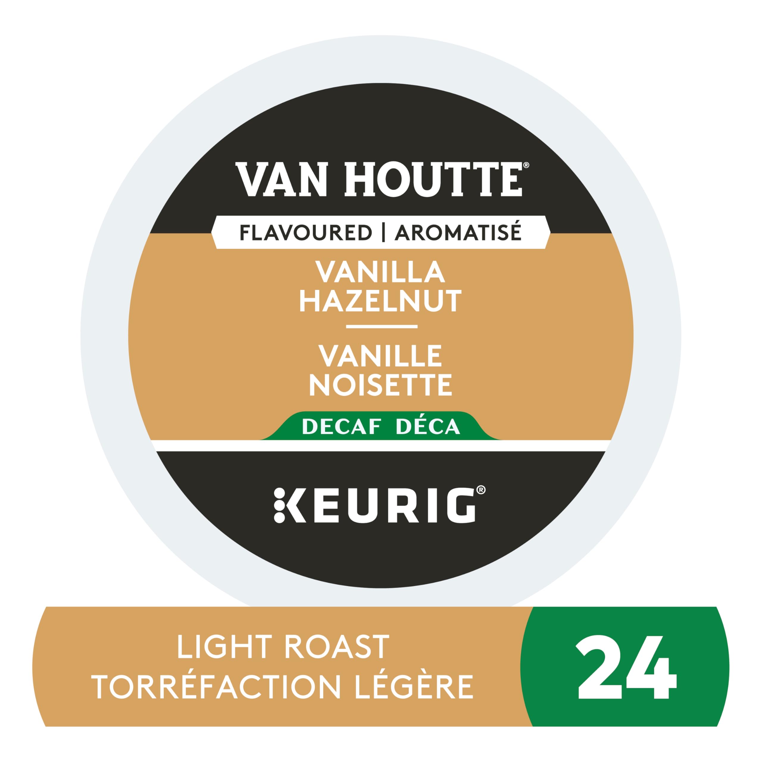 Steaming Van Houtte cup highlighting smooth body and nutty notes.