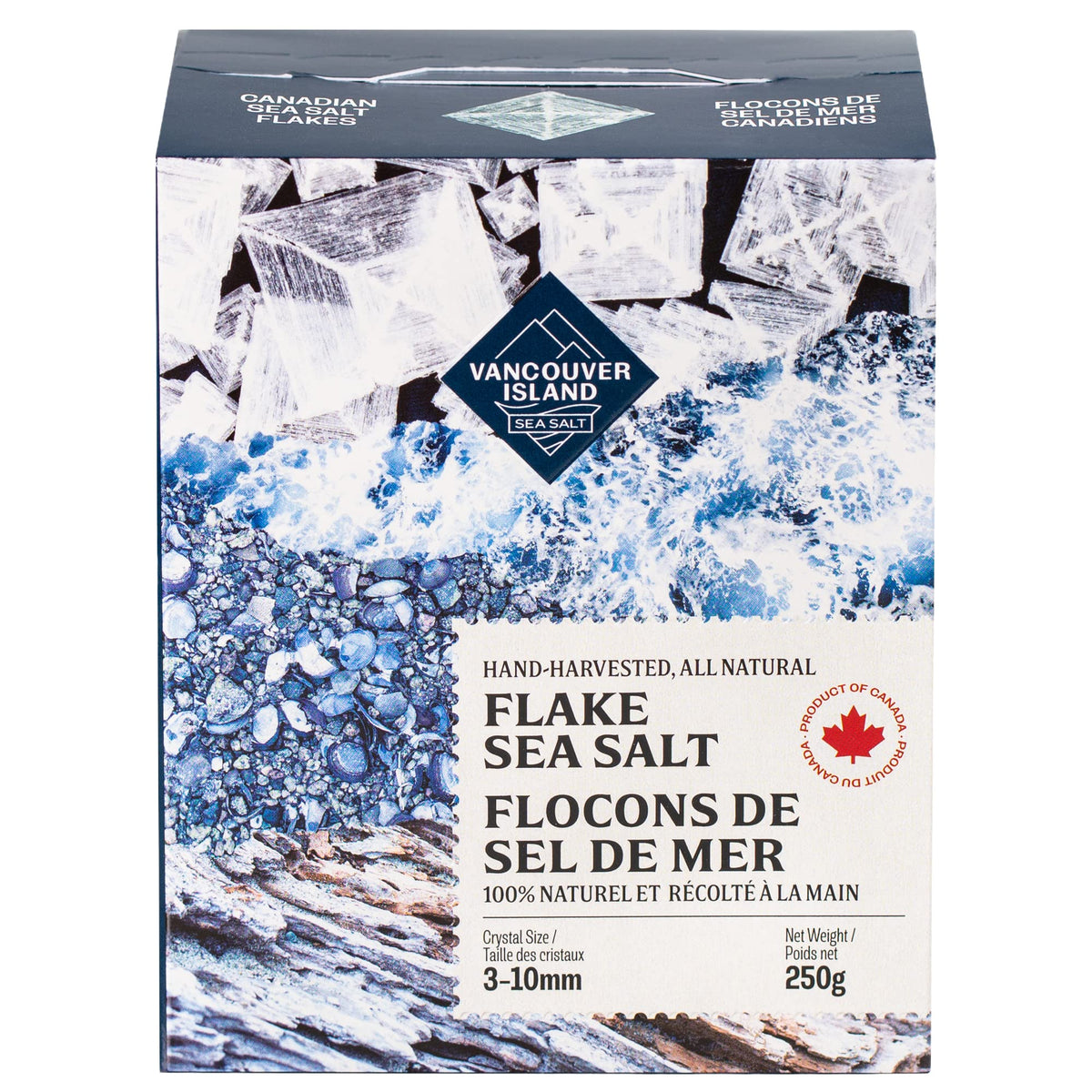 Vancouver Island Sea Salt flaky salt bottle pour for bold finishing flavor.