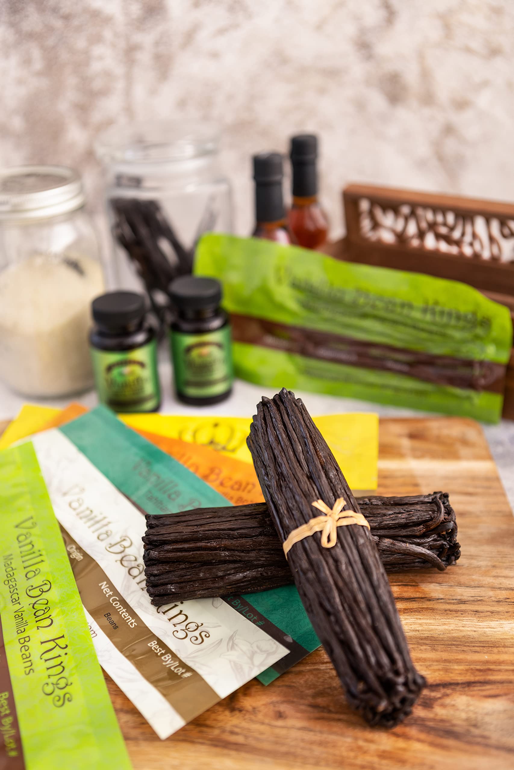 4 oz Vanilla Bean Kings container on counter for easy baking.