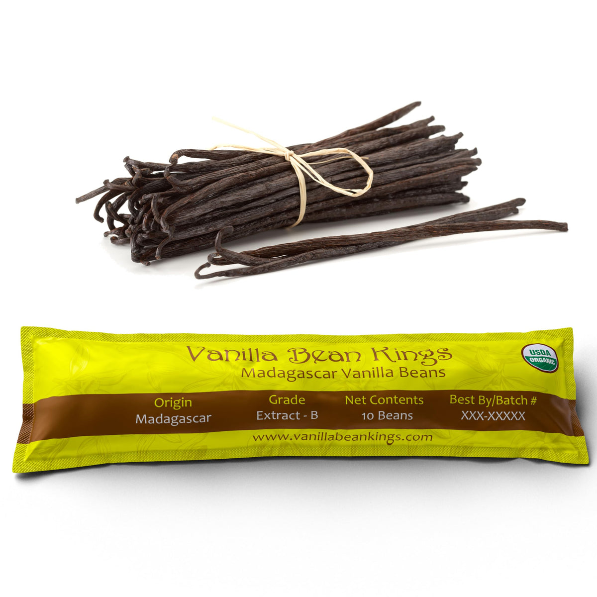 Vanilla Bean Kings Madagascar vanilla beans close-up for premium baking and flavor.