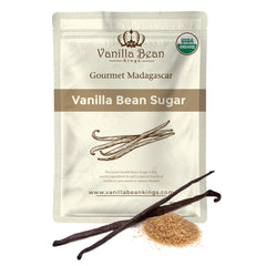 Vanilla Bean Kings Organic Vanilla Sugar packaging in pantry for convenient use