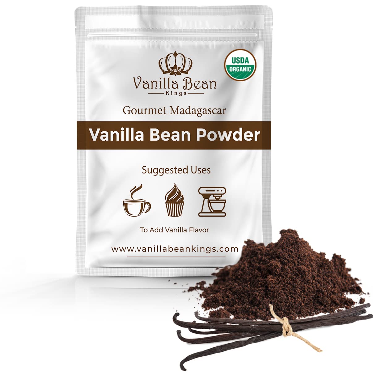 Vanilla Bean Kings vanilla powder 1oz pack shot, ready to flavor recipes.