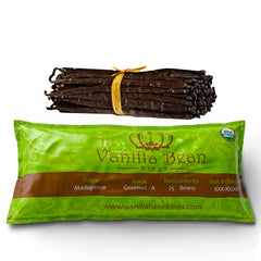 Vanilla Bean Kings 25-organic-madagascar-grade-a-pods ready for gourmet baking.