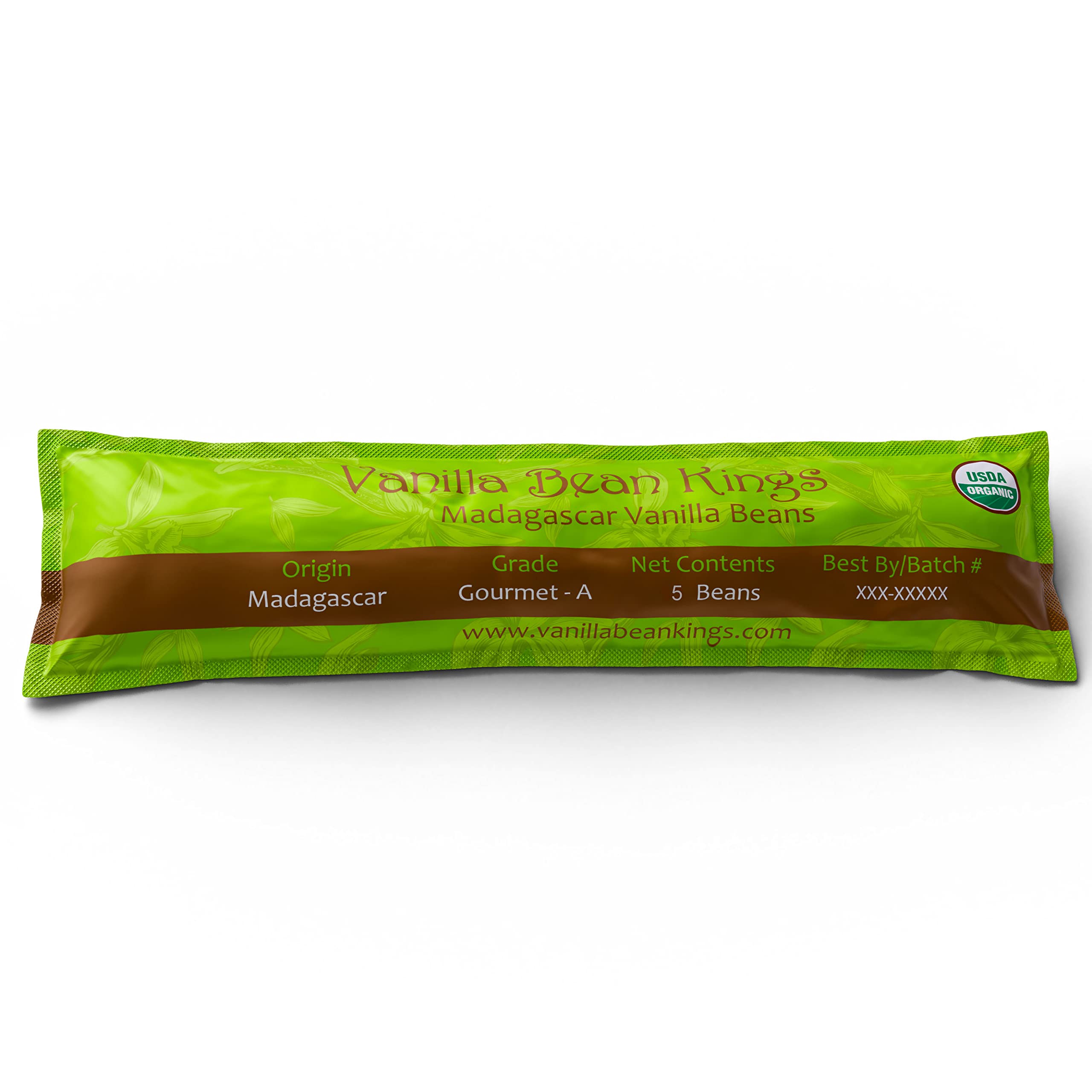 Vanilla Bean Kings Madagascar pods showcase premium five to seven inch beans.