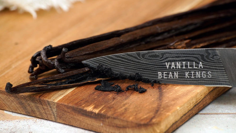 Vanilla Bean Kings vanilla extract bottle hints at rich aroma when used.