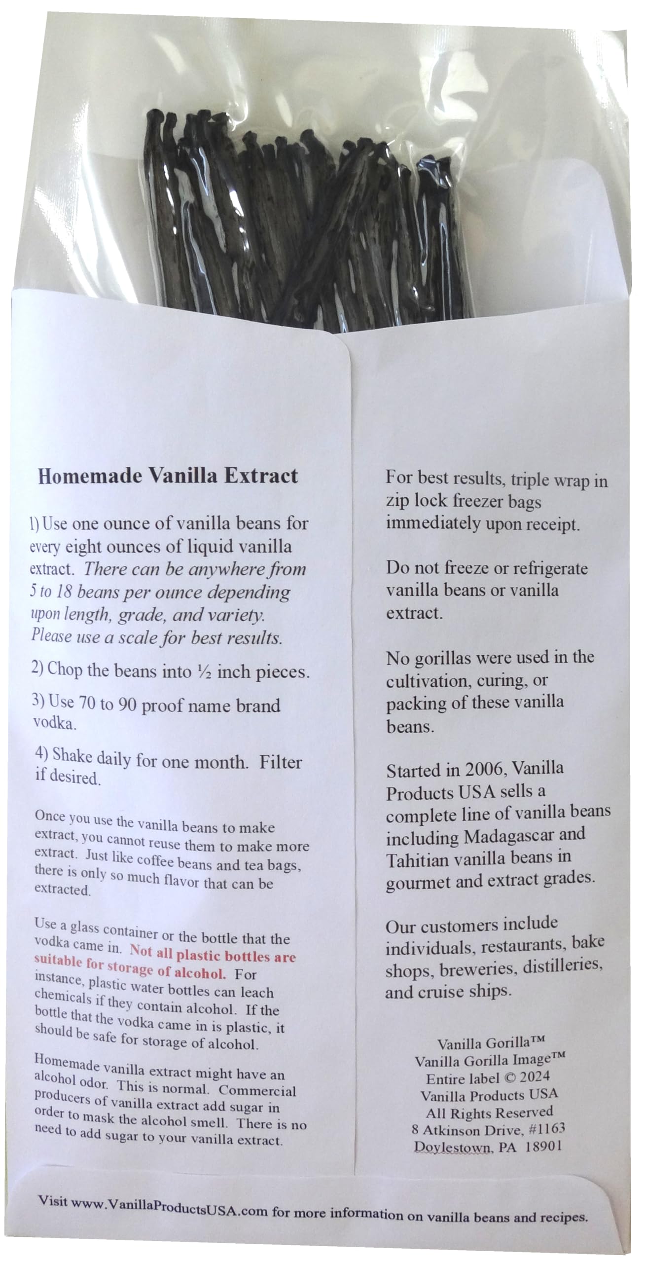 Vanilla Products USA vanilla beans vacuum-packed to preserve aroma.