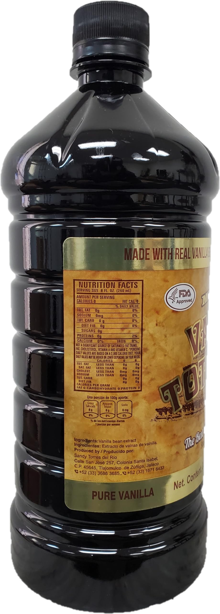 Vanilla Totonacs 33oz bottle label close-up for generous kitchen use.
