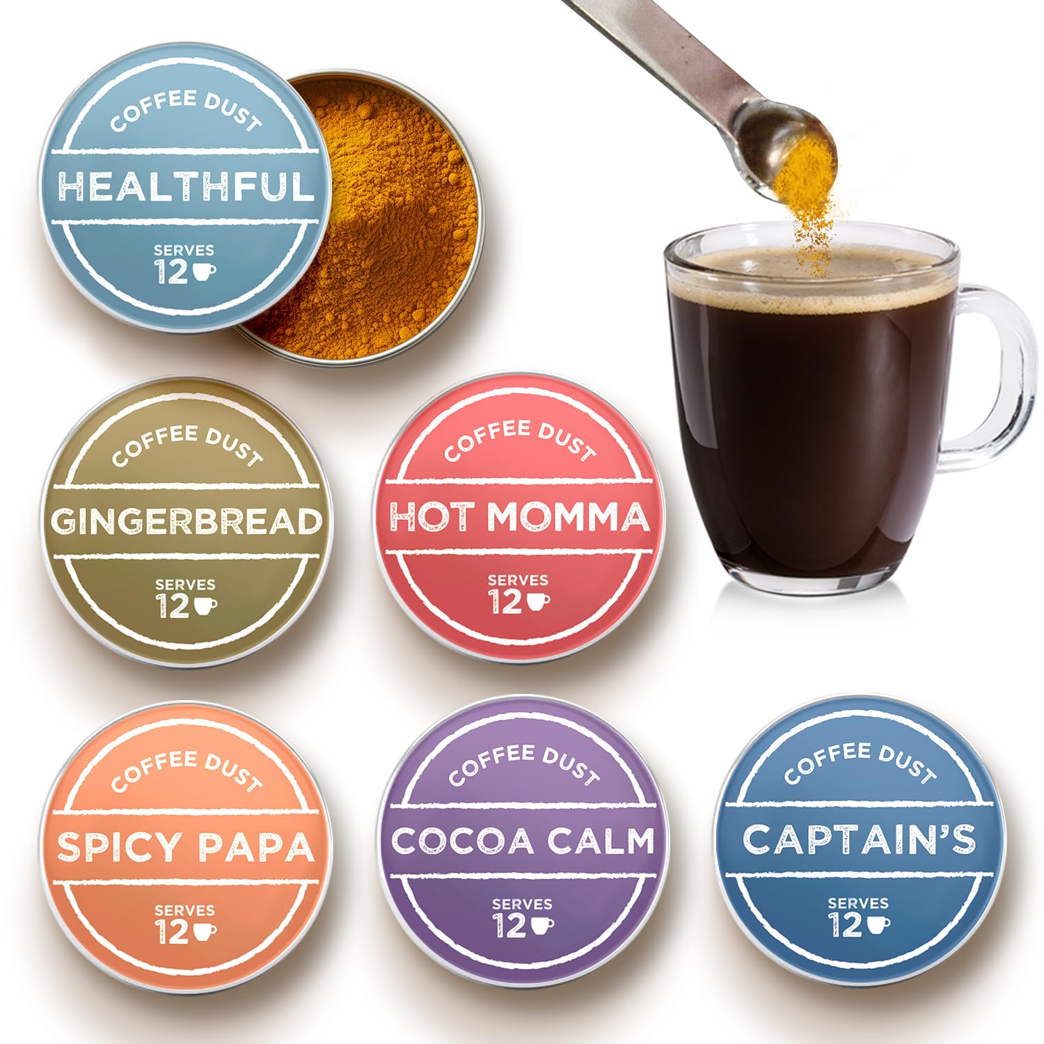 Vashon Coffee Dust cocoa flavor powder bottle pour enhances coffee aroma and flavor.