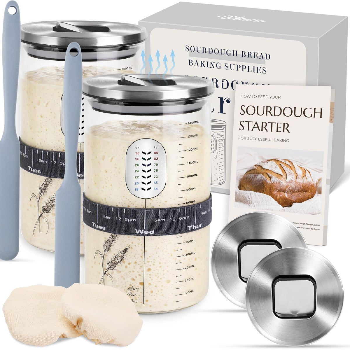 Vedalio sourdough starter jar with wide mouth for easy feeding and quick cleanup.
