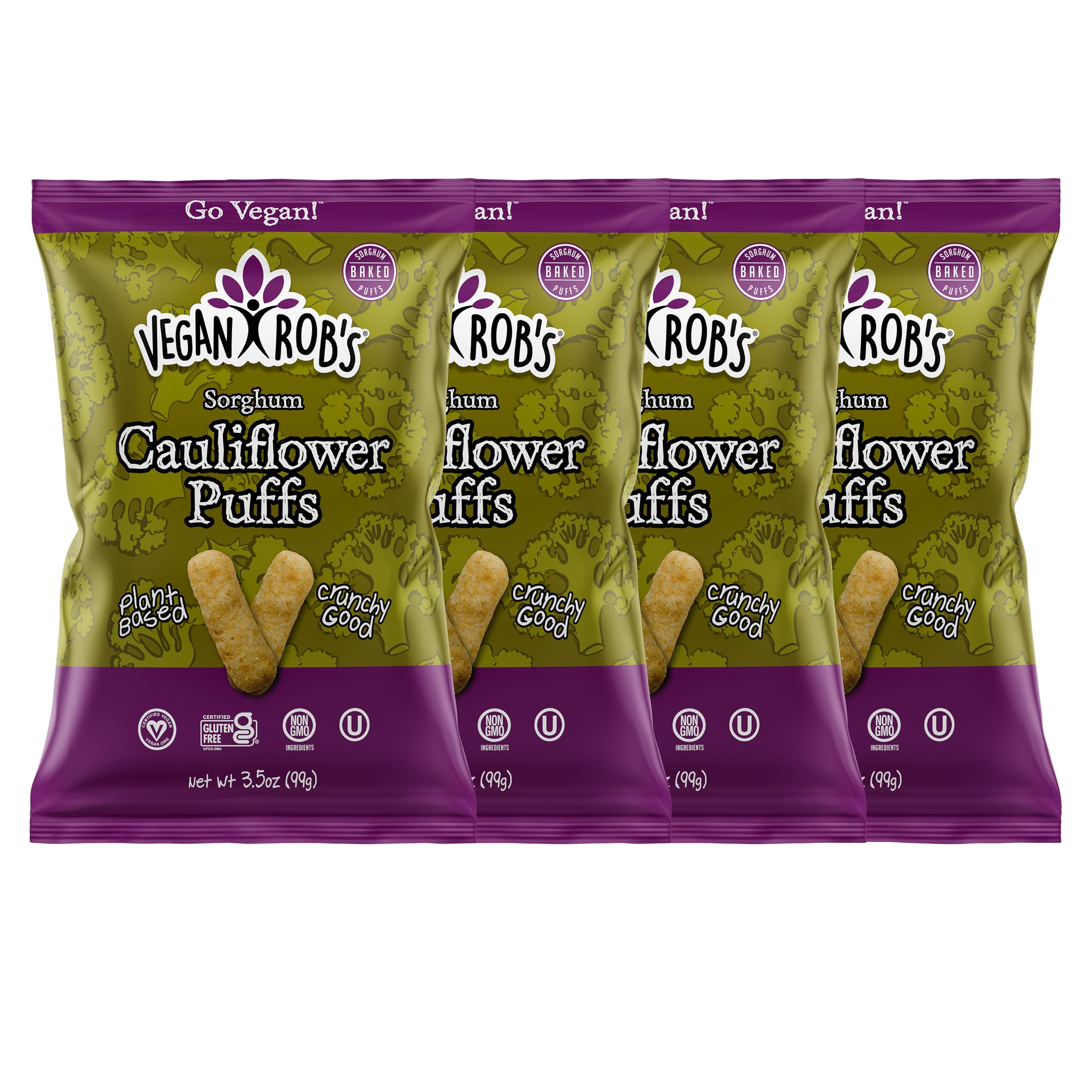 Vegan Rob's Cauliflower Puffs packaging highlighting plant-based ingredients for on-the-go snacking.