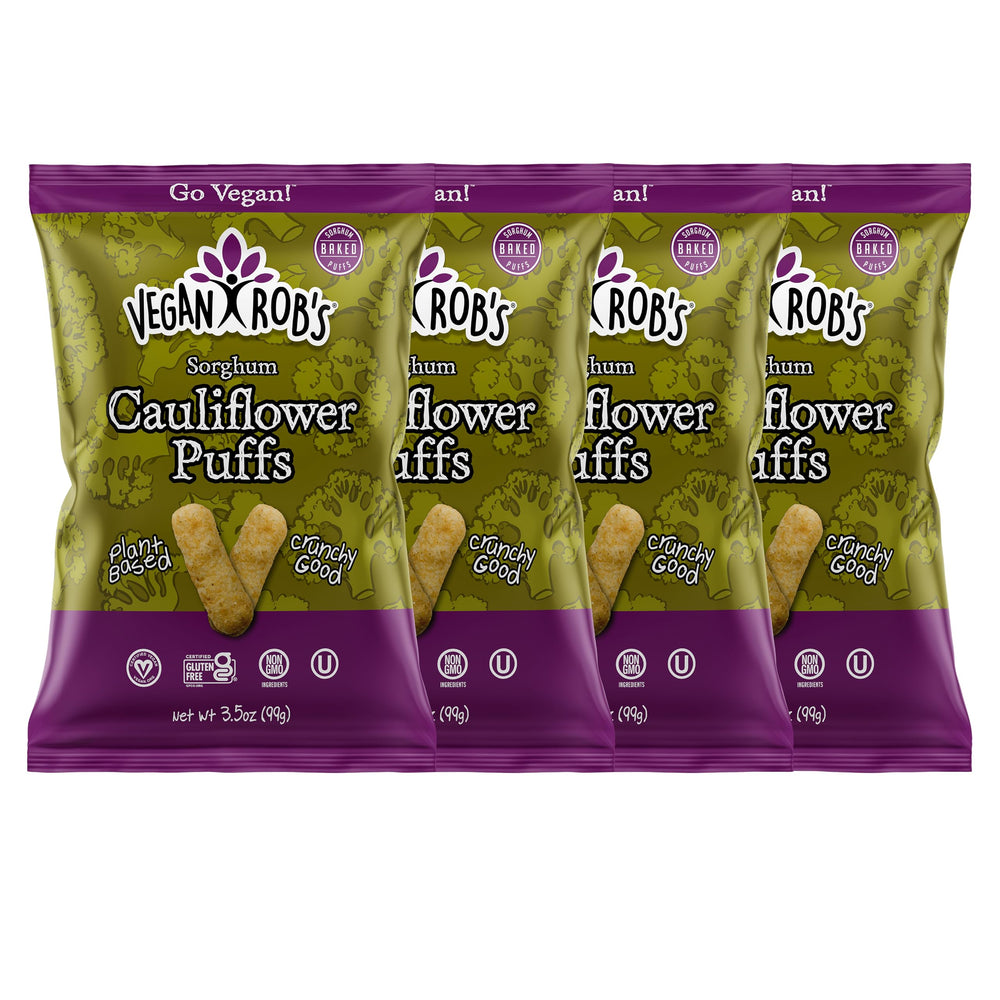Vegan Rob's Cauliflower Puffs packaging highlighting plant-based ingredients for on-the-go snacking.