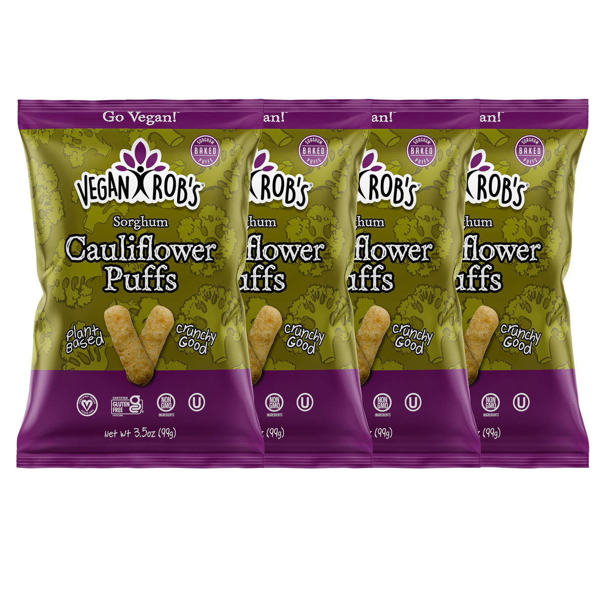 Vegan Rob's Cauliflower Puffs packaging highlighting plant-based ingredients for on-the-go snacking.