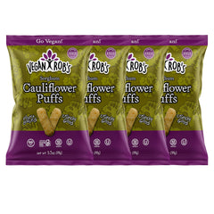 Vegan Rob's Cauliflower Puffs packaging highlighting plant-based ingredients for on-the-go snacking.