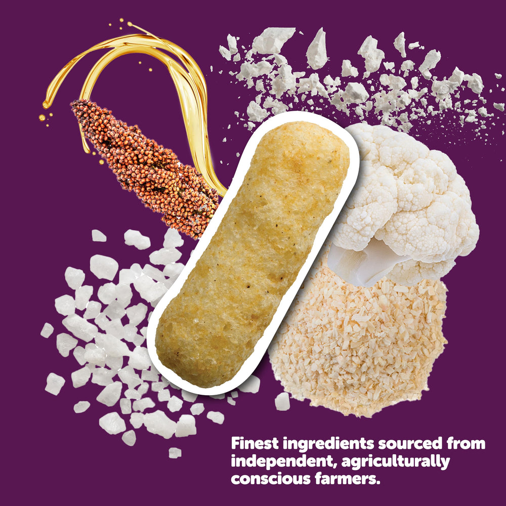 Vegan Rob's Cauliflower Puffs sorghum-based ingredient closeup emphasizes sustainable sourcing.