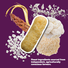 Vegan Rob's Cauliflower Puffs sorghum-based ingredient closeup emphasizes sustainable sourcing.